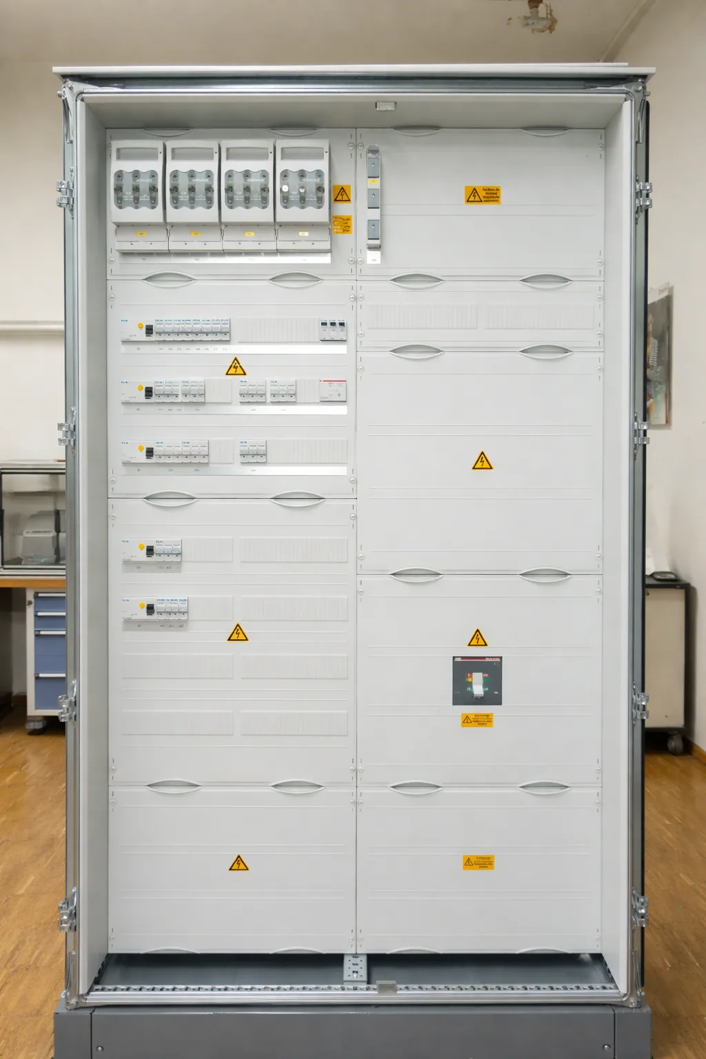 Geöffneter Energieverteiler aus der EMB-Fertigung in Neutraubling