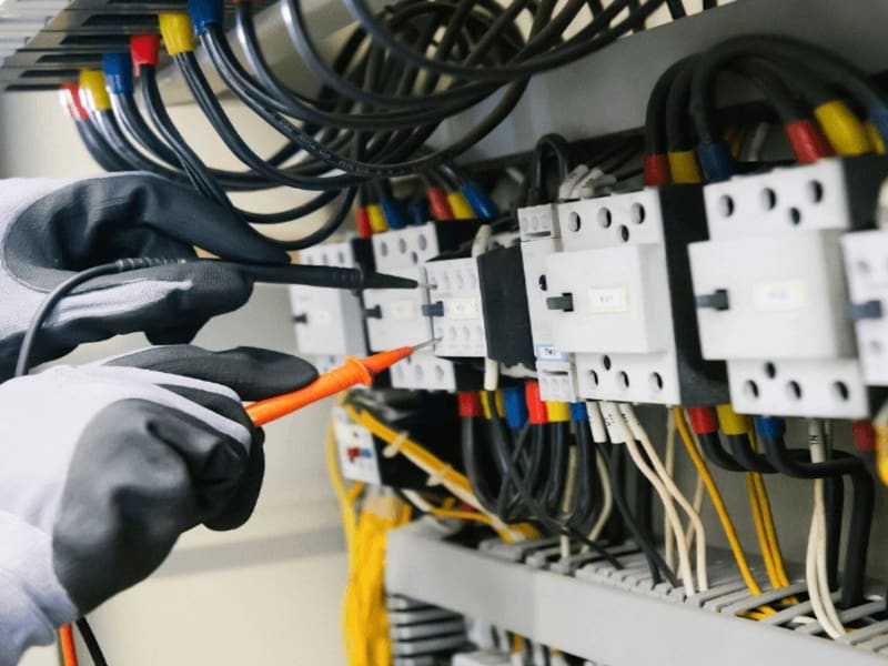 DGUV V3 Prüfung – Elektriker prüft Schaltschrank mit Messgerät